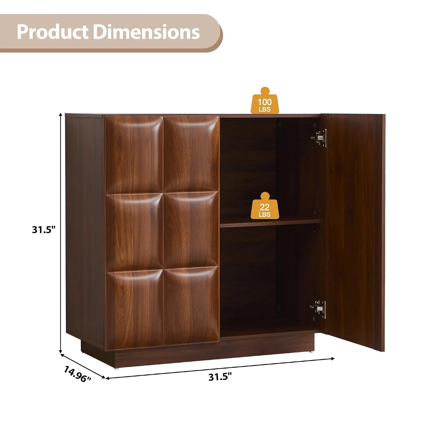 Mid Century Sideboard with 2 Doors & Plaid Pattern, Wood Storage Cabinet for Living & Dining Room, Walnut 3 PCS, Customized