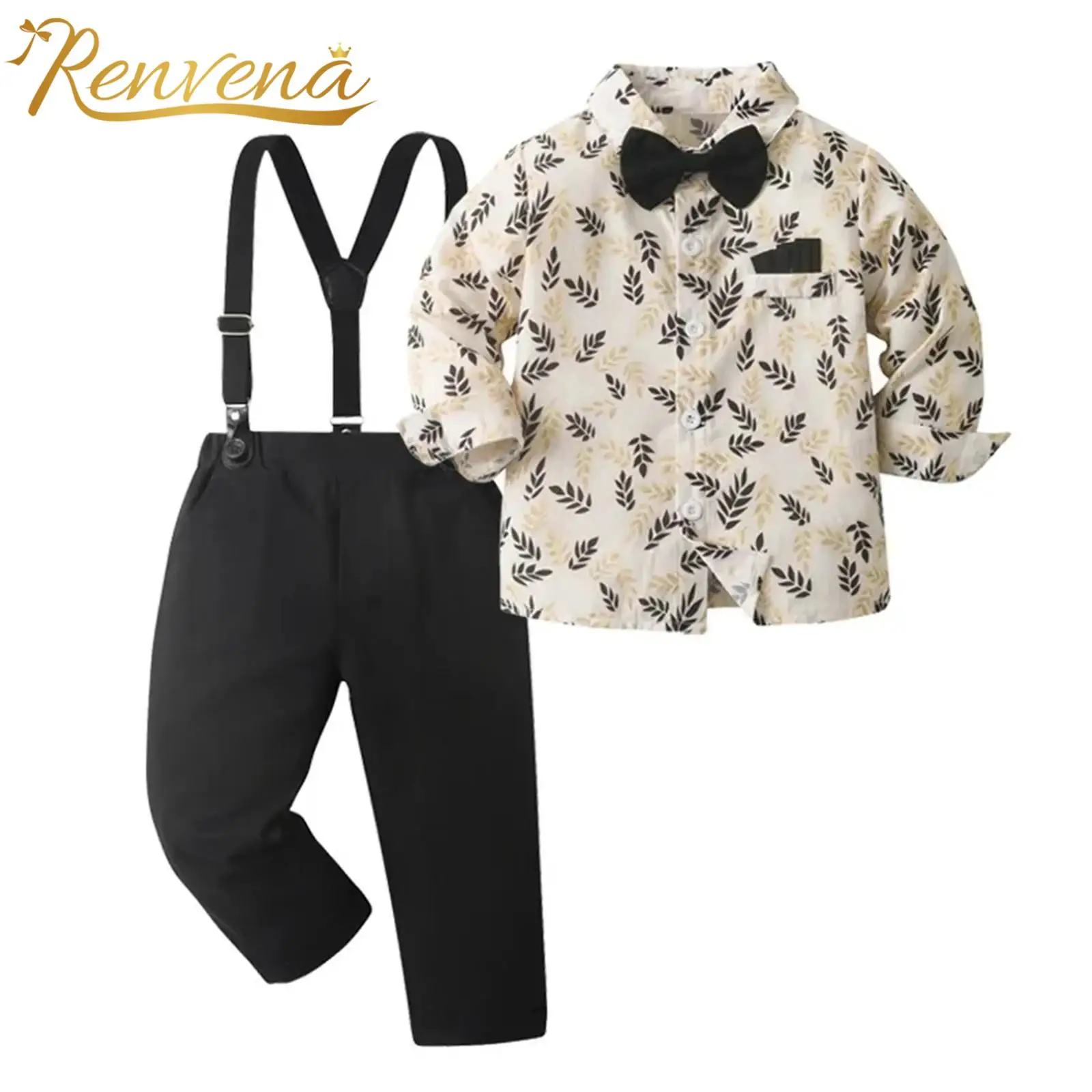 

Детский костюм для мальчиков: рубашка с принтом листьев и галстук-бабочка, длинные брюки с Y-образными подтяжками, одежда для малышей на праздник или свадьбу.