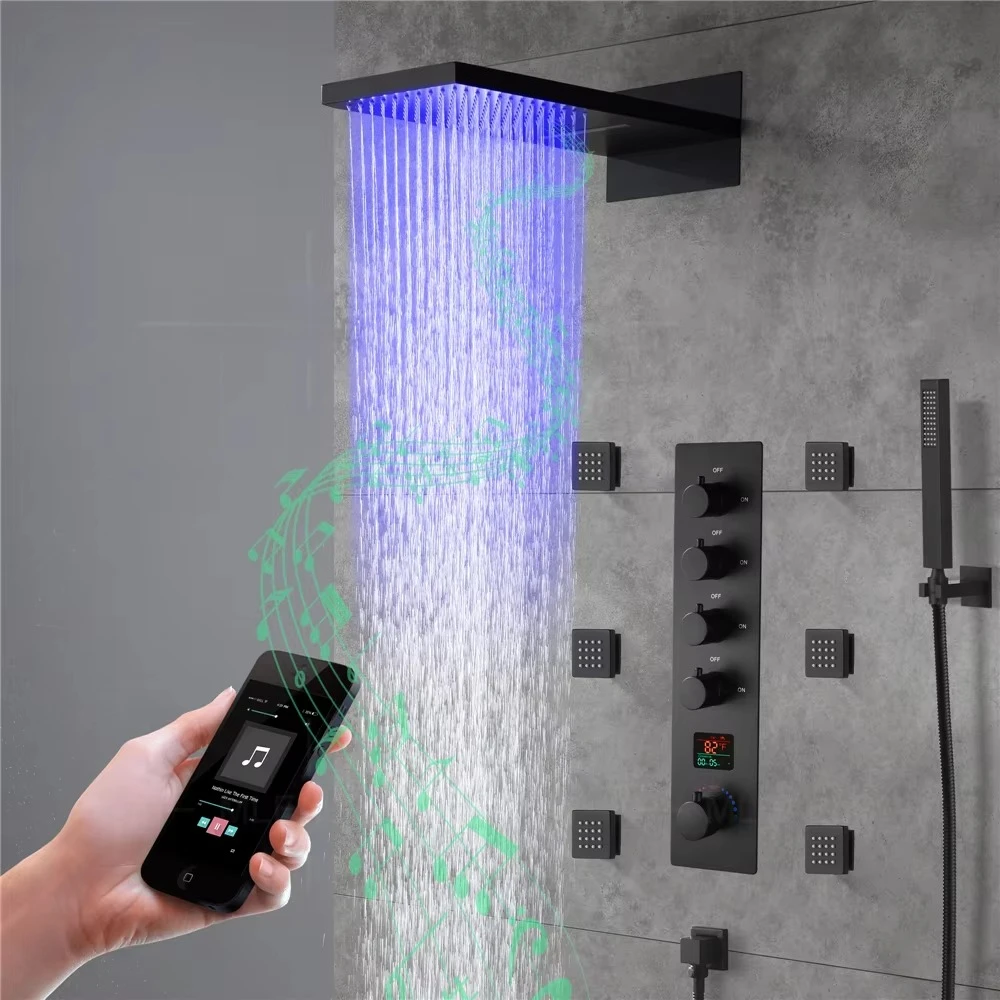 Black Rainfall Waterfall Bathroom Shower System 3 Functions Thermostatic Shower Mixer Combo