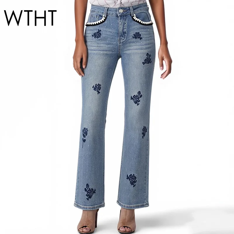 

Новые женские джинсы WTHT с вышивкой, цветами, стразами и жемчугом, прямого кроя, весна 2026, модные джинсы с высокой талией, модель 1LS2917