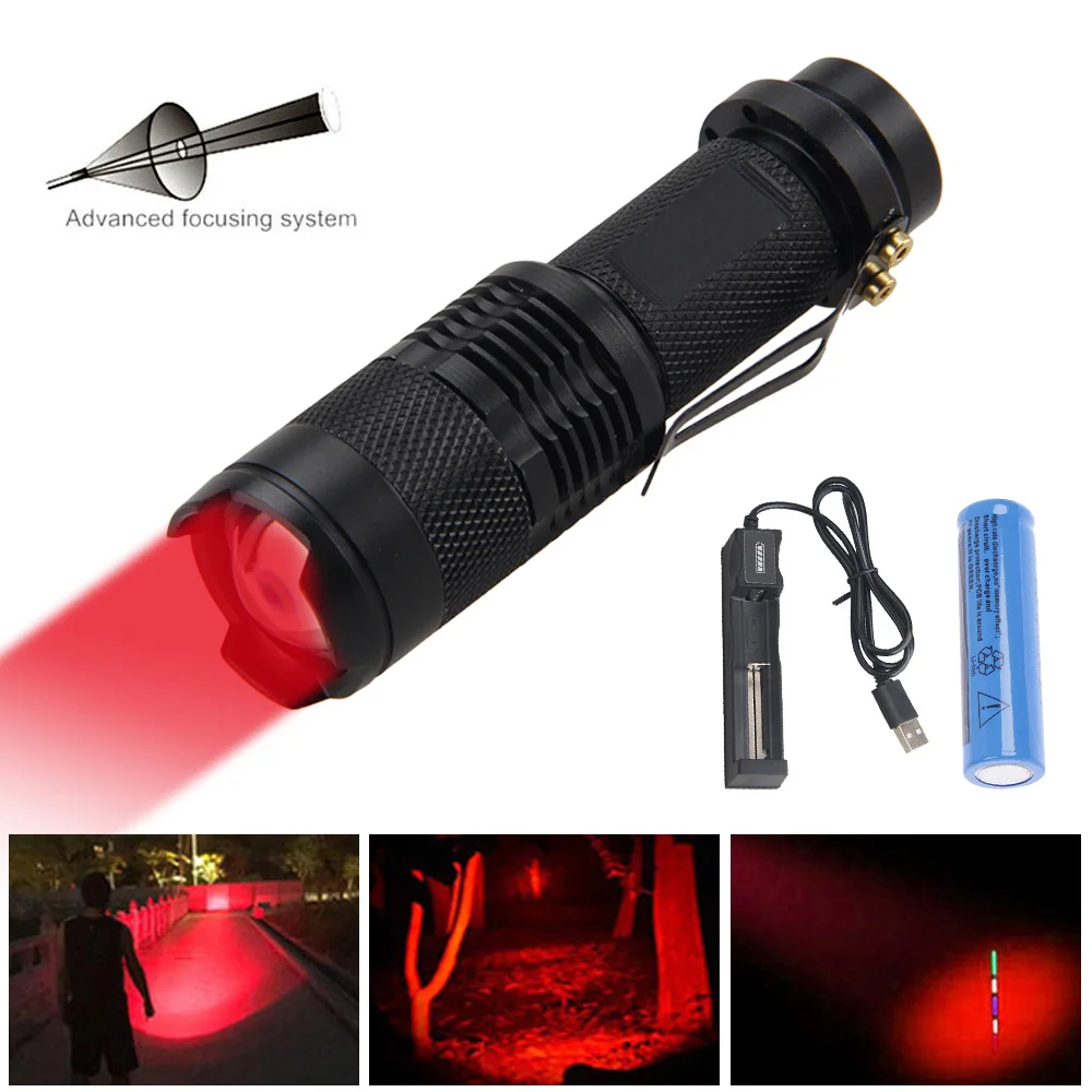 Green Red White Light LED Flashlight Waterproof Zoomable Tactical Torch Clip Adjustable Focus for Hunting Climbing