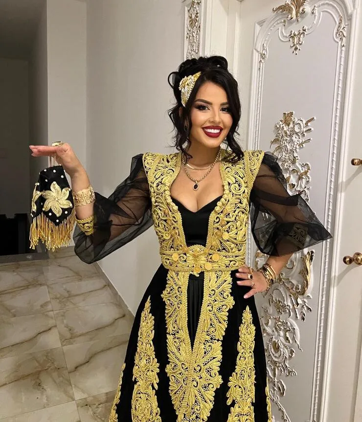 Black Two Pieces Algerian Karakou Prom Dress for Women Gold Lace Applique Long Sleeve Evening Gown Traditional Customized