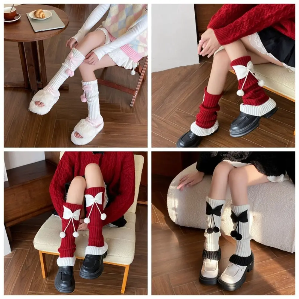 Calcetines de pierna japoneses JK Lolita Y2k, calcetines de pierna tejidos con lazo de Ballet, calcetines largos hasta la rodilla de Navidad Harajuku para mujer