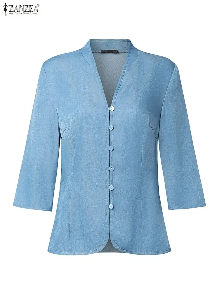2025 ZANZEA 女性秋デニムシャツ 3/4 袖ボタン V ネックエレガントなオフィスレディブラウスファッショントップス固体女性ブラウス