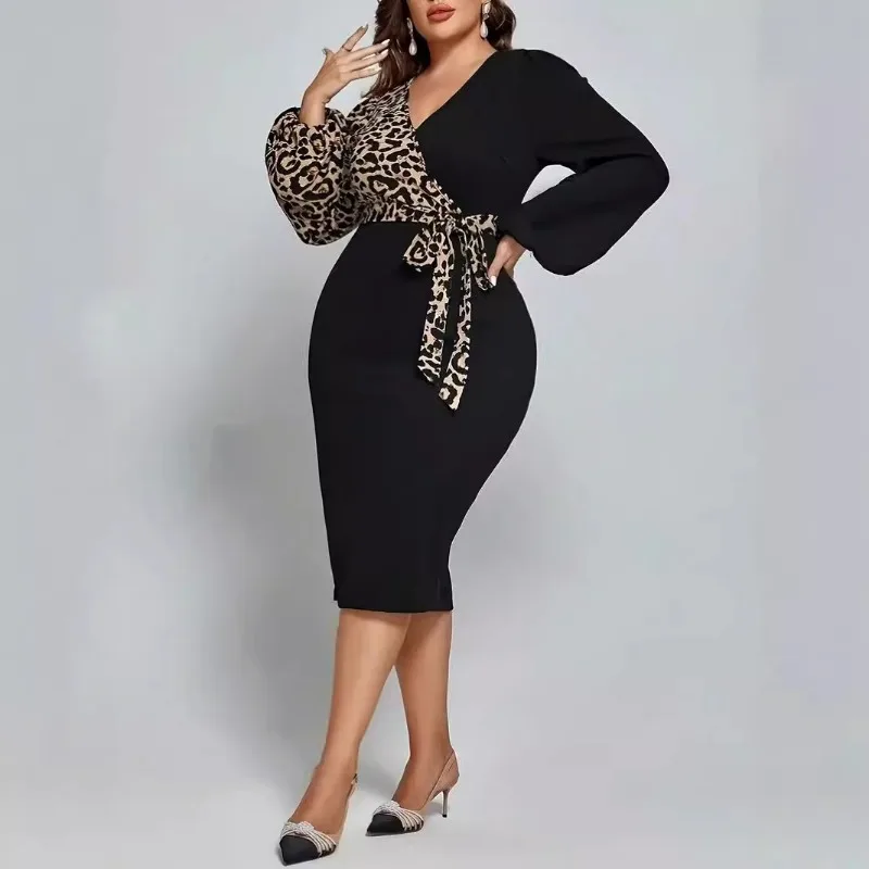 European And American Style Sexy Leopard Print Split V-Neck Color Block Chubby Women's Maxi Dress