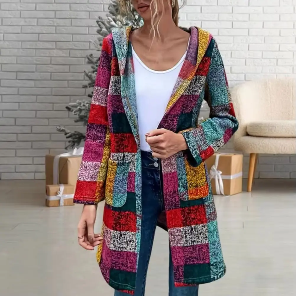 

2025 женское шерстяное пальто в клетку, кардиган с капюшоном, шерстяное пальто с длинным рукавом и карманом на молнии, повседневная куртка, рождественская новогодняя куртка
