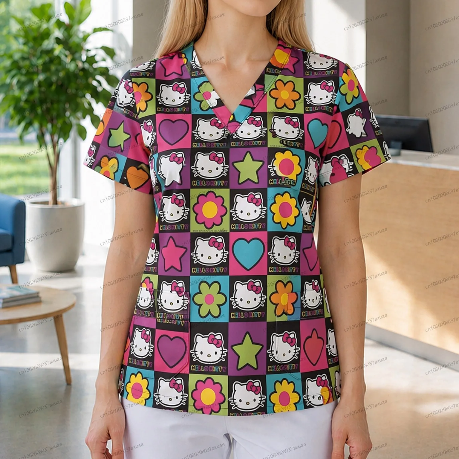 

Women's Short Sleeve T-shirt Workwear V Neck Women's Summer T-shirts Nurse Uniform Cute Pattern Fashion Alternative Clothing Y2k