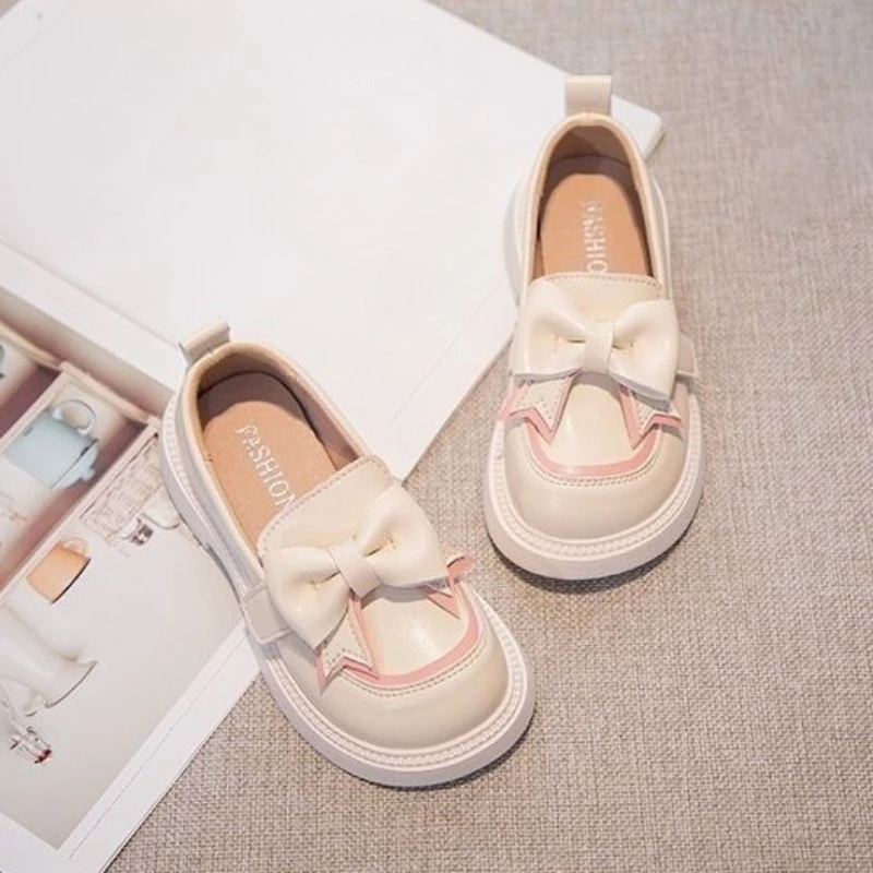 2026 New Girls British Style Princess Spring Autumn Bow Leather Shoes Soft Sole Casual Performance Kids Footwear