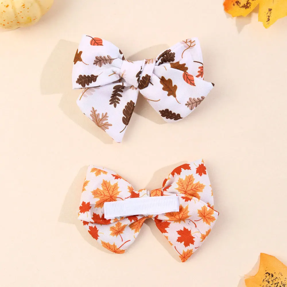 1/2PCS Thanksgiving Maple leaf Hair Clips Girls Grosgrain Ribbon Pumpkin Print Hairpins Headdress Kids Hair Accessories