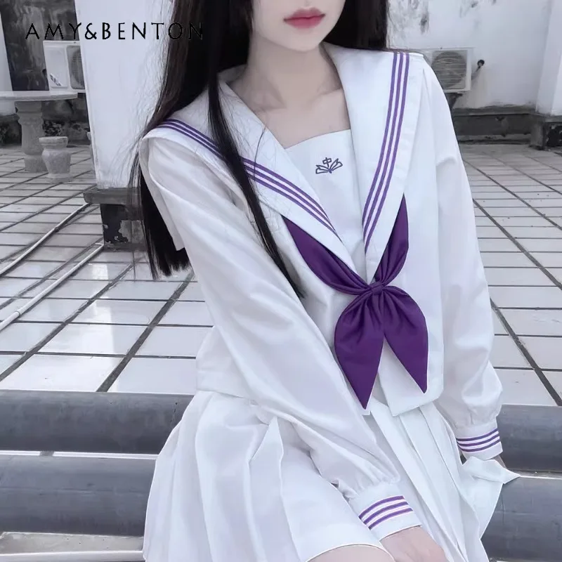 

Japanese JK Uniform Sailor Collar Preppy Style White Purple Color Matching Long Short Sleeve Top Skirt All-Match Suit For Female