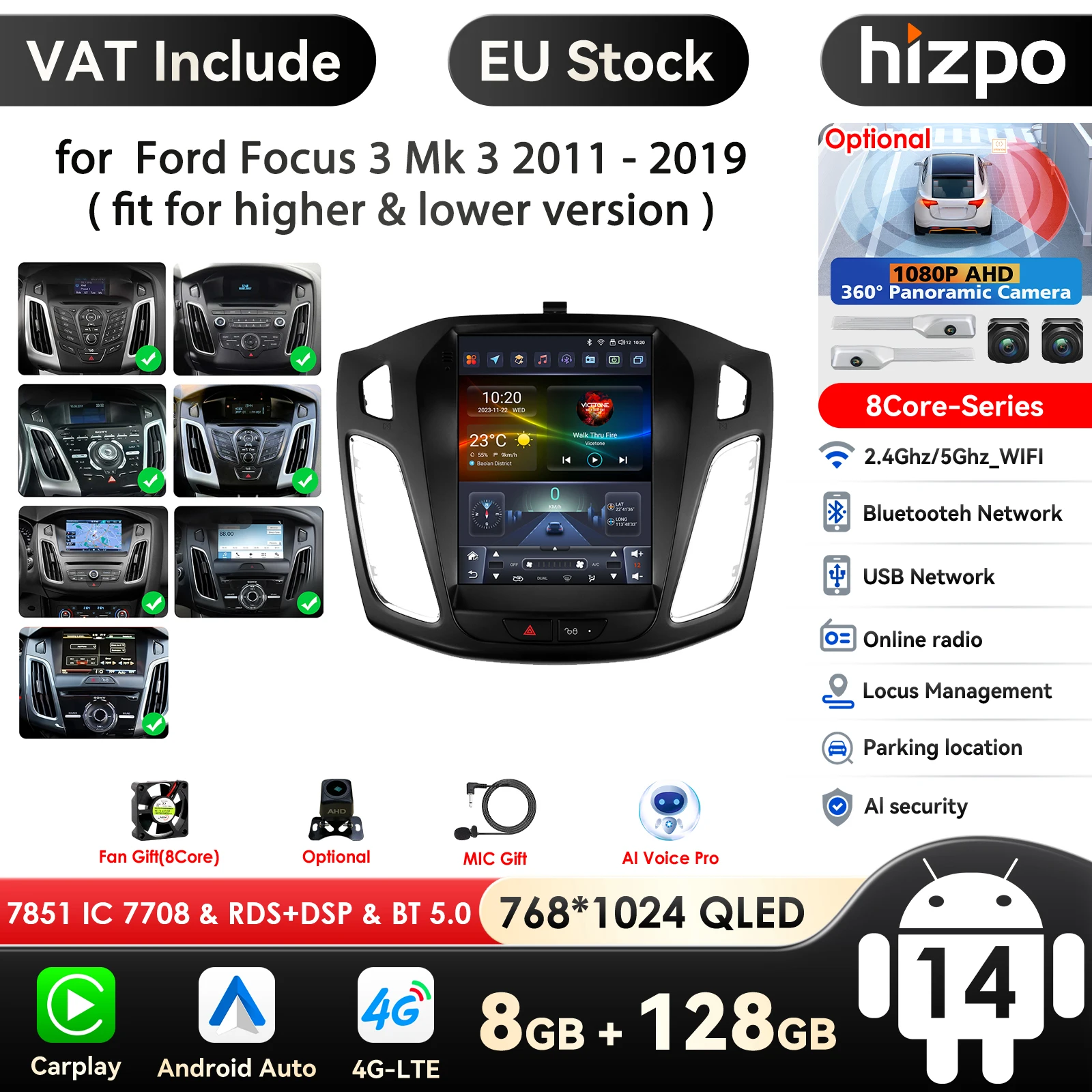 

OSSURET для стиля Carplay Android автомобильный радиоприемник для Ford Focus MK3 2012-2018 мультимедийный видеоплеер навигация GPS авто стерео