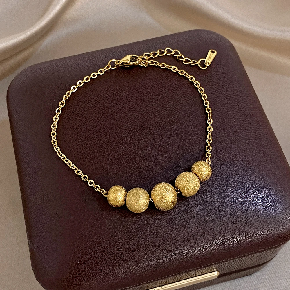 

DODOHAO Vintage Frosted Round Bead Stainless Steel Bracelet for Women Gold Plated Waterproof Bracelet Daily Jewelry Accessories
