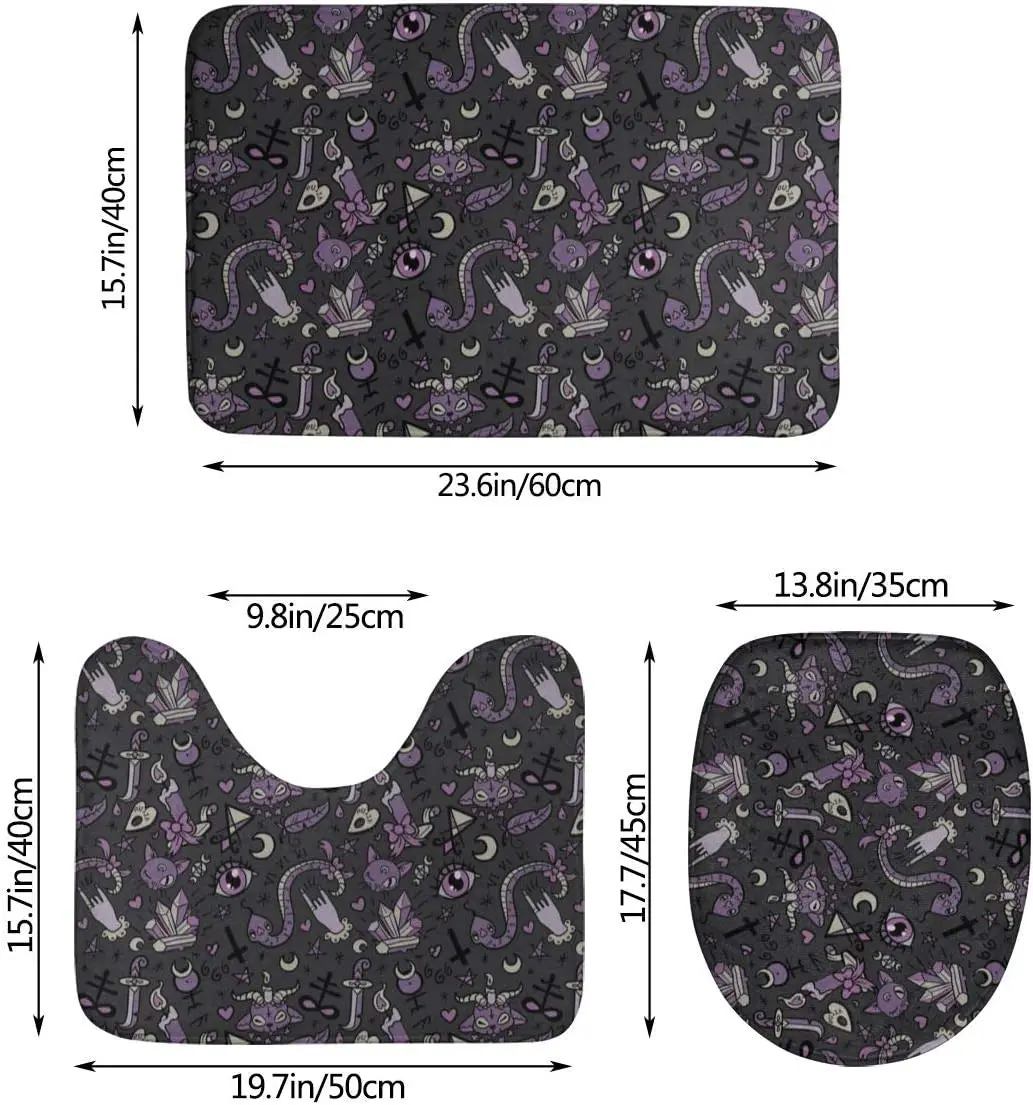 Purple Black Goth Spooky Soft Bathroom Rugs Set 3 Pcs Non Slip Absorbent Bath Mats U-Shaped Contour Rug Mat Toilet Lid Cover Set