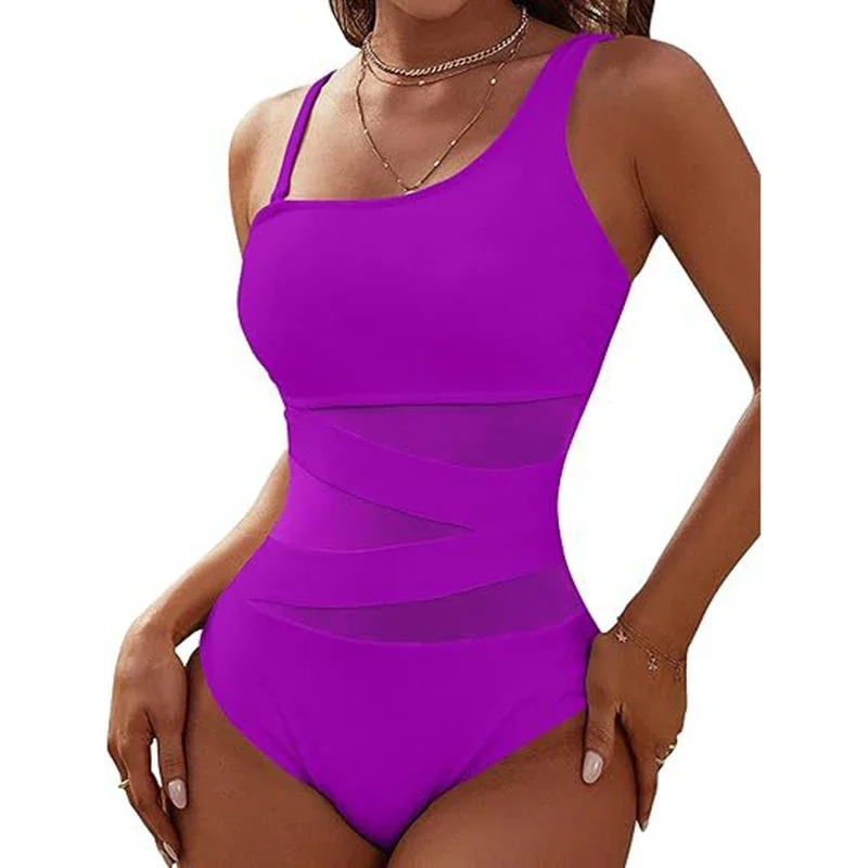 Traje de baño ajustado Sexy para mujer, traje de baño de una pieza de malla transparente con tirantes irregulares, ropa de playa sencilla, monos