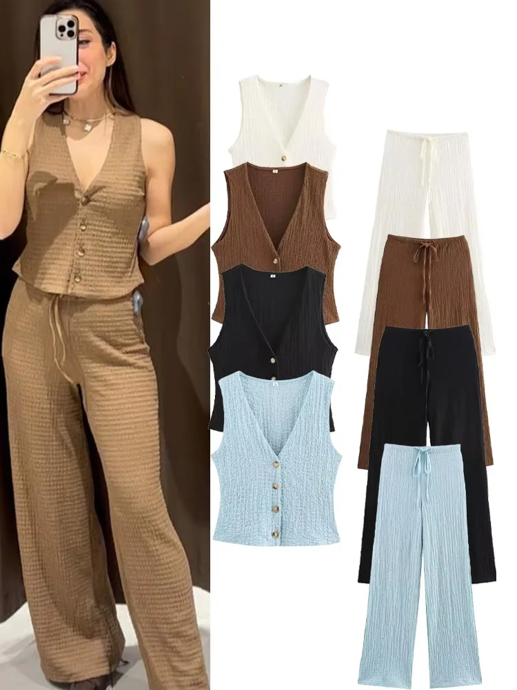 HH Mulheres Calças de Verão Terno Com Decote Em V Único Breasted Textura Sólida Colete Casual Top + Cintura Alta Cordão Calças Perna Reta