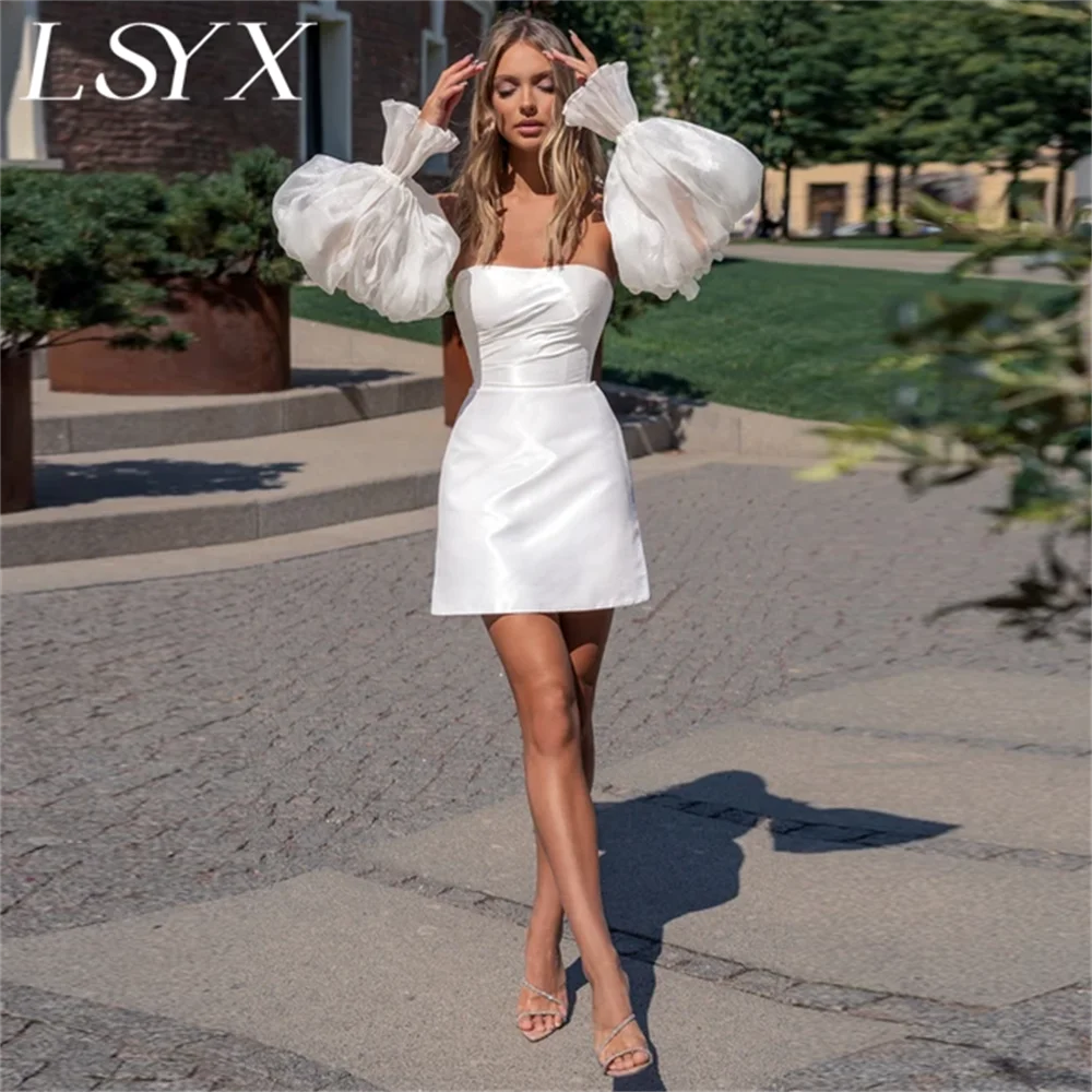 

LSYX Off-Shoulder Strapless Satin Puff Sleeves Mini Wedding Dress For Women Sheath Above Knee Short Bridal Gown Custom Made