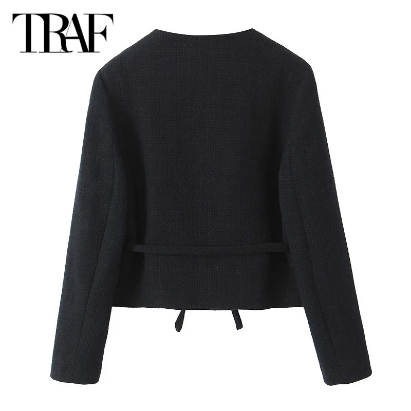 TRAF Women\'s Outerwears 2024 Spring Autumn Elegant Blazer Coats Ladies Fashion Casual Butterfly Lace-Up Black Long Sleeve Coats