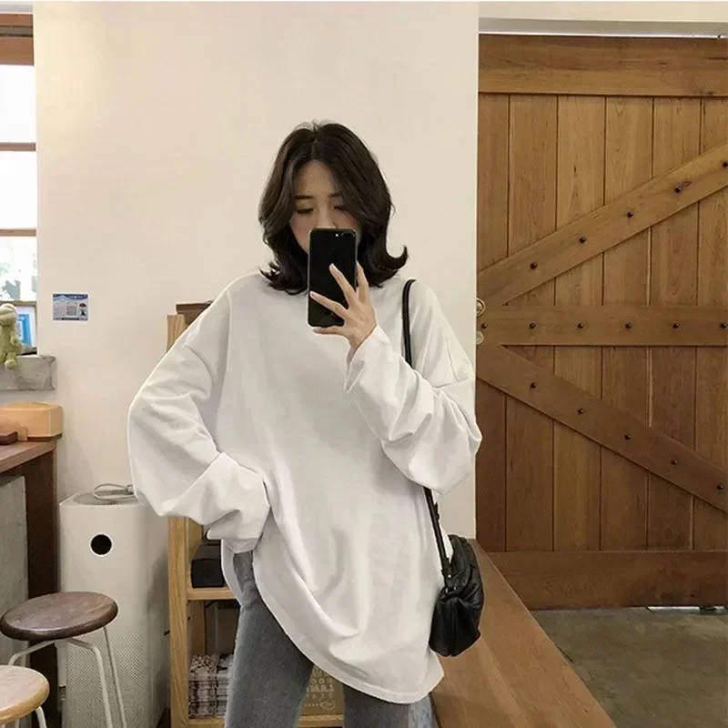 Autumn and Winter Long-Sleeved T-Shirt for Women White Base Shirt Loose All Matching Medium Long Tops