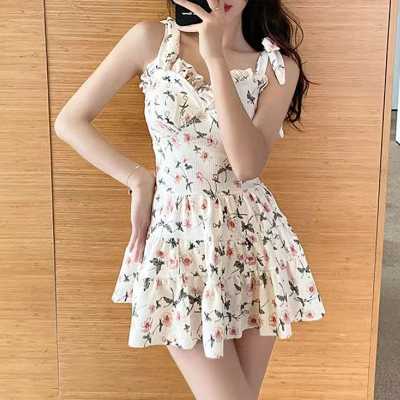 Vrouwen Sexy Halter Bandage Bloemenprint Dubbellaags Ruffle Mini Rok Eendelige Badpakken Zomer Push Up Strandbad Badmode