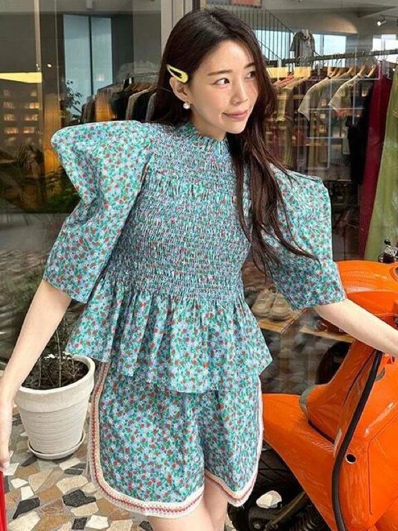Floral Print Top And Shorts Set with Color Block Hem And Bubble Sleeves Women's Korean Style Spring Summer Autumn Fashion