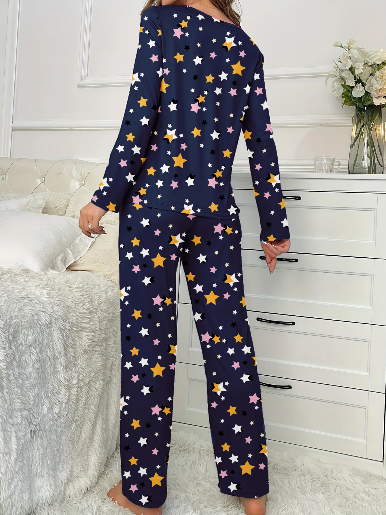 2-Piece Standard Size Women's Autumn and Winter Pajamas, Comfortable, Casual, Elegant and Cute Star Print Long-Sleeved