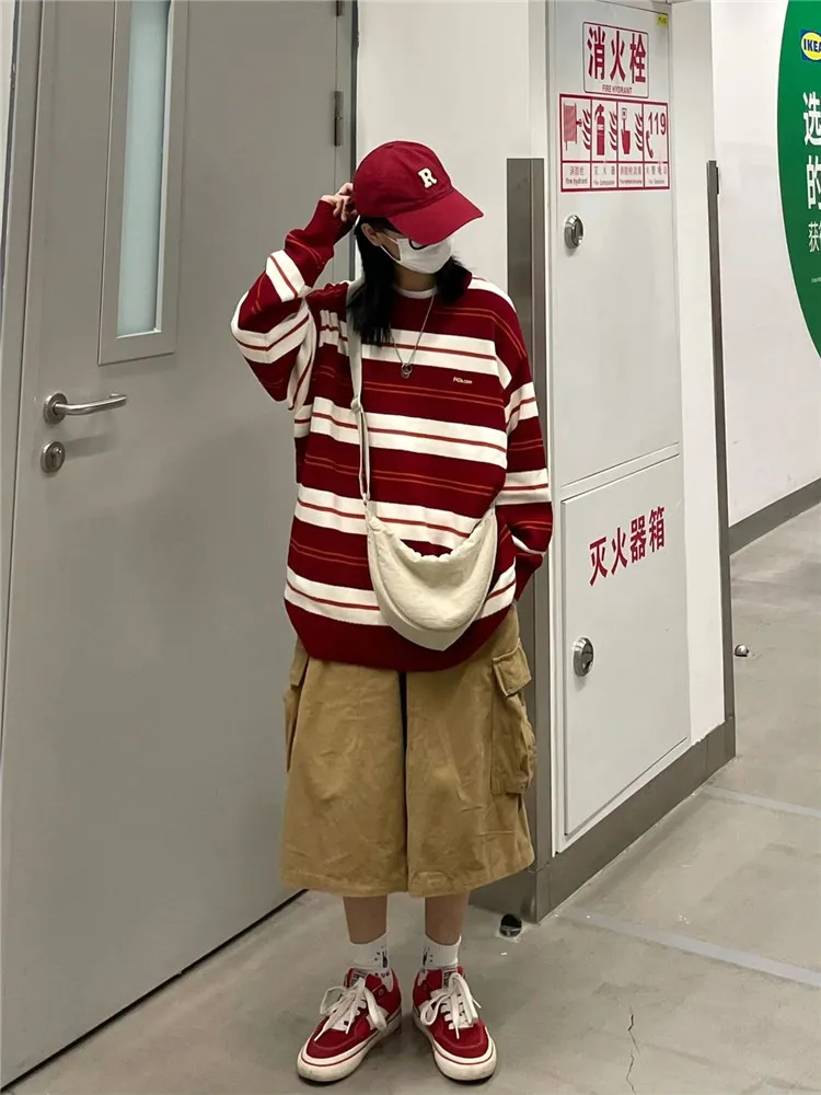 New Women Stripe Sweater Autumn Winter Loose Long Sleeve Pullover Tops Korean Ladies Knitted Patchwork Korean Sweaters