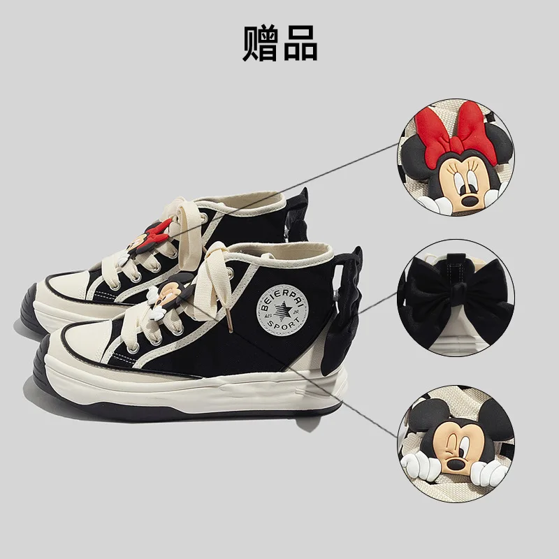 Disney New Mickey Minnie High Tops Canvas Shoes Women\'s Fashion Black Bow High-cut Shoes Non-slip Student Sports Shoes