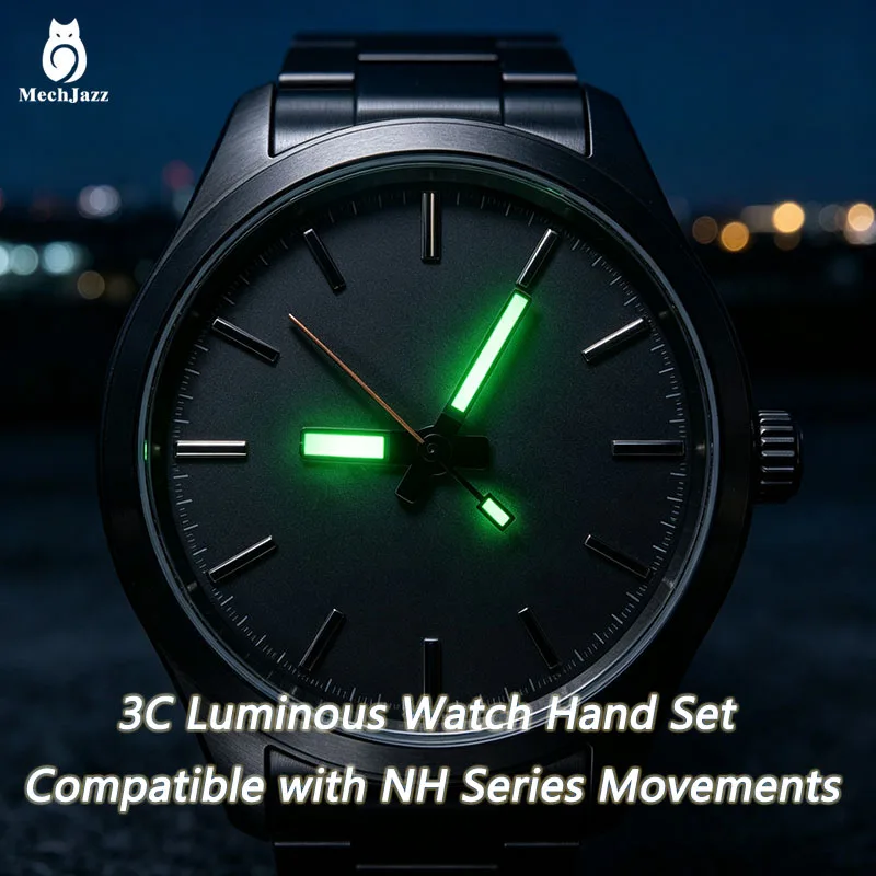 MechJazz Luminous Watch Hands Green Glow Fit NH35 NH36 Movement Black Watch Hands Orange Second Hand Watch Modification Parts