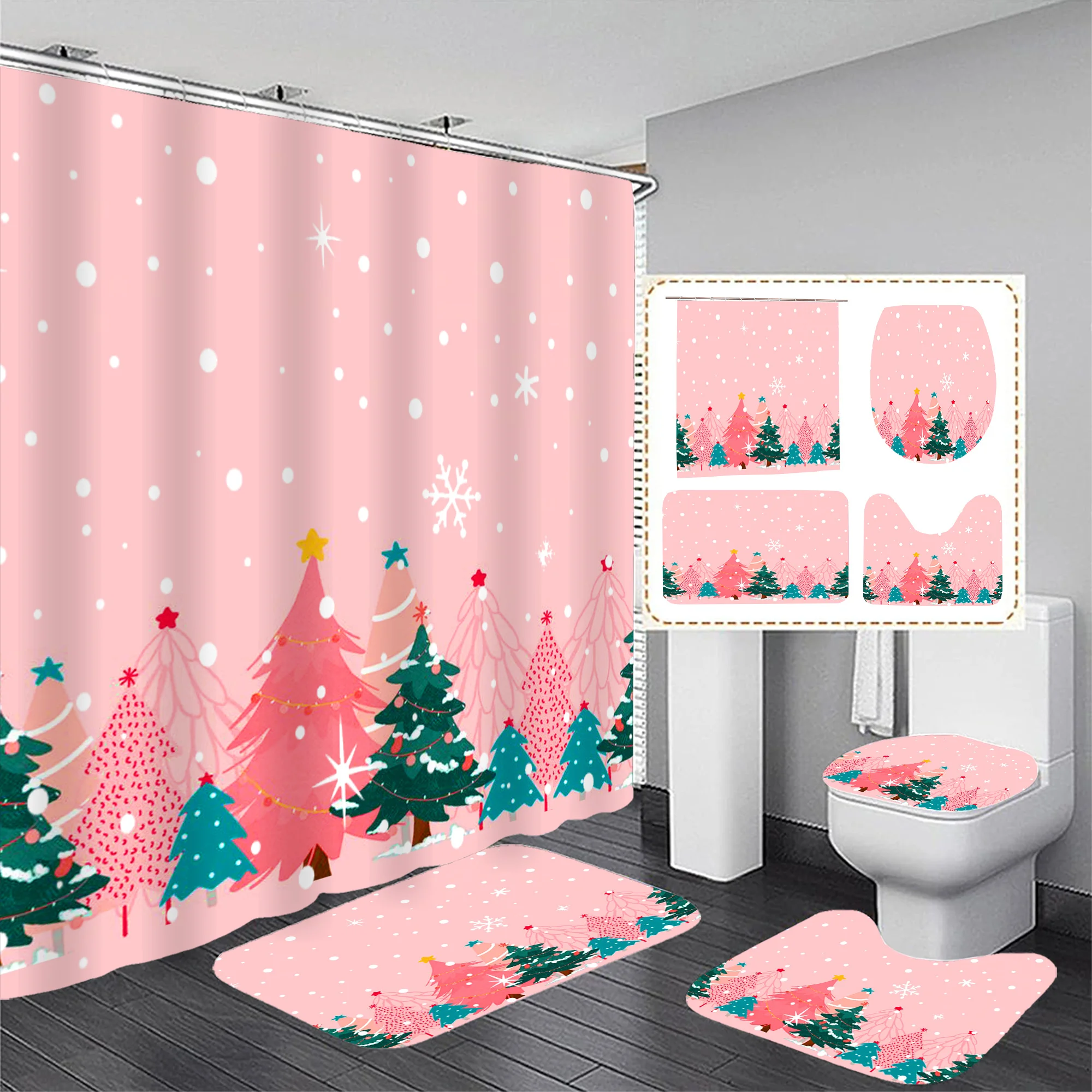 

4Pcs Xmas Pink Tree Shower Set,12 Hooks, Non-Slip Mat,U-Shaped Toilet Cover, Bath Divider, Decorative Curtain, Modern Home Decor