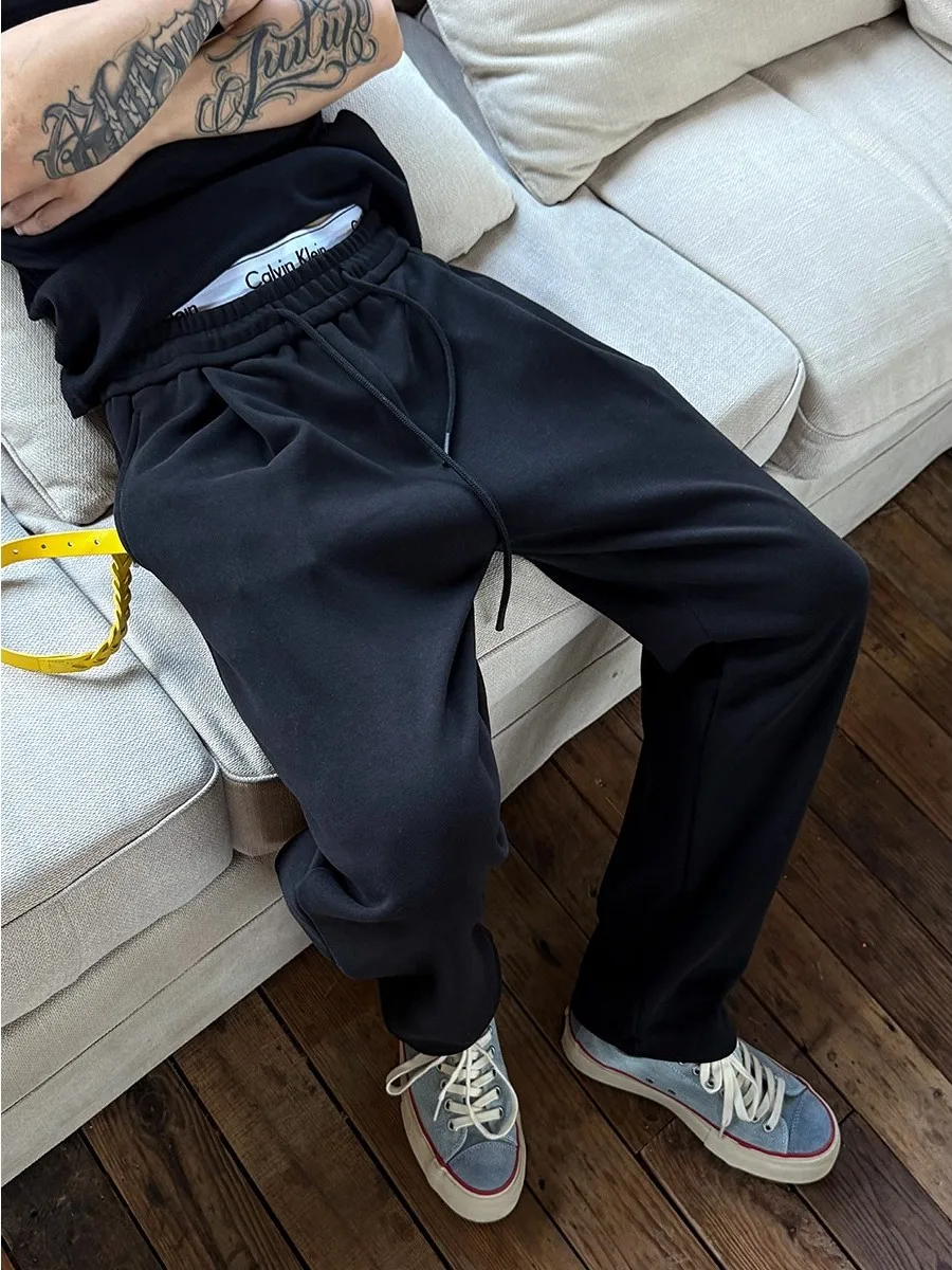 

Loose Straight Leg Sweatpants Men's Casual Drape Thiened Autumn Winter Commuting Sports Pants Trendy Pure Color Sweatpants