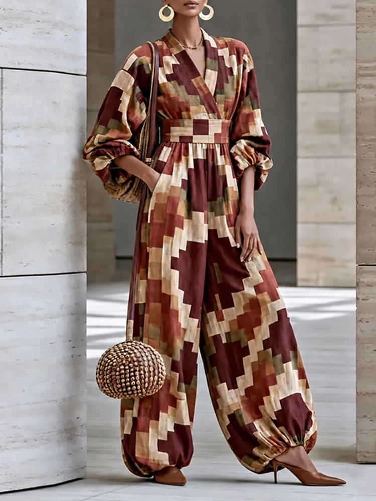 Geometric Pattern Printed Loose Playsuit Autumn Retro V Neck High Waisted Jumpsuit Casual Lantern Sleeve Pocket Women's Romper