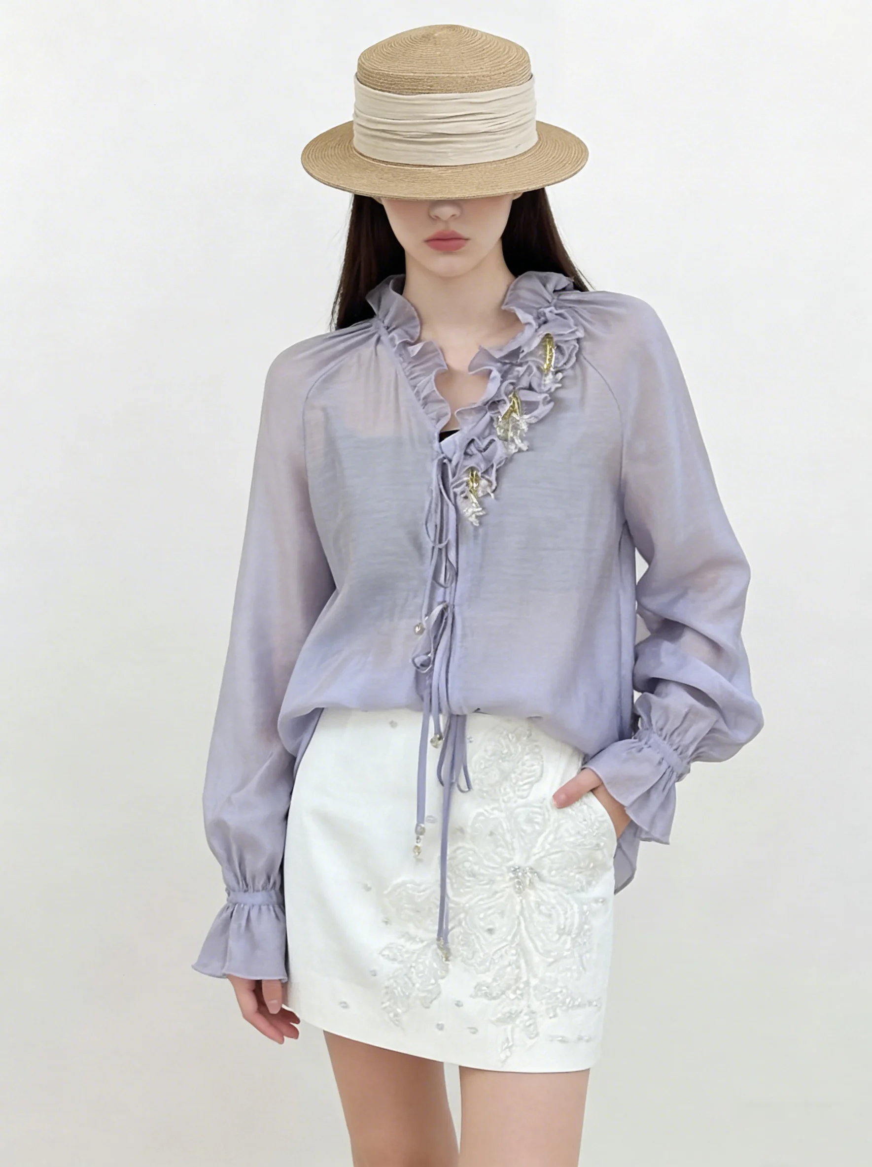 

Elegant Purple Lace Trim V-Neck Beaded Flower Tie Shirt Casual Loose Fit Long Sleeve Women's Top for Daily Wear Spring 2026