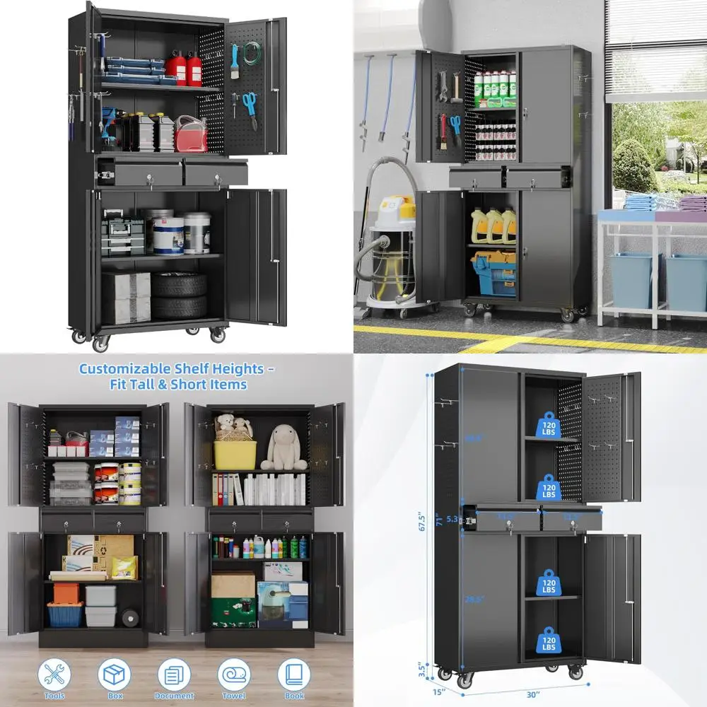Estantes ajustables Gabinete de almacenamiento de garaje de metal con puertas cerraduras y gabinete de almacenamiento de herramientas rodante en 4 ruedas con 2 cajones