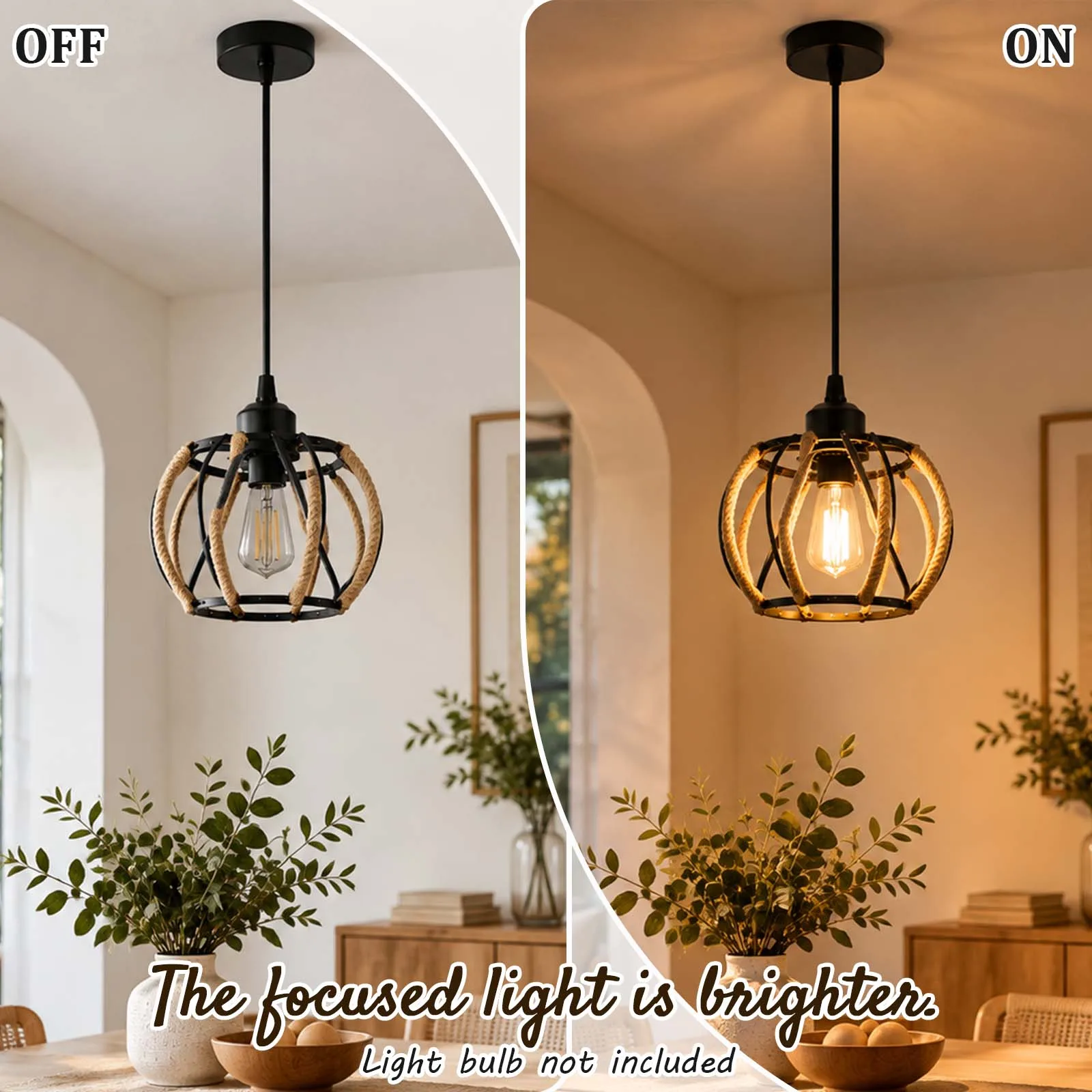 Ceiling Light, Black Metal Spherical Cage, Rope Accent, E27, Boho, Rustic, Bedroom Entryway Hallway