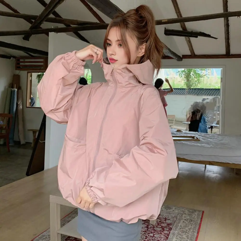 Women Short Jacket Long-sleeve Hooded Jacket Stylish Women's Zip-up Hooded Coat with Pockets for Fall Spring Outdoor Travel