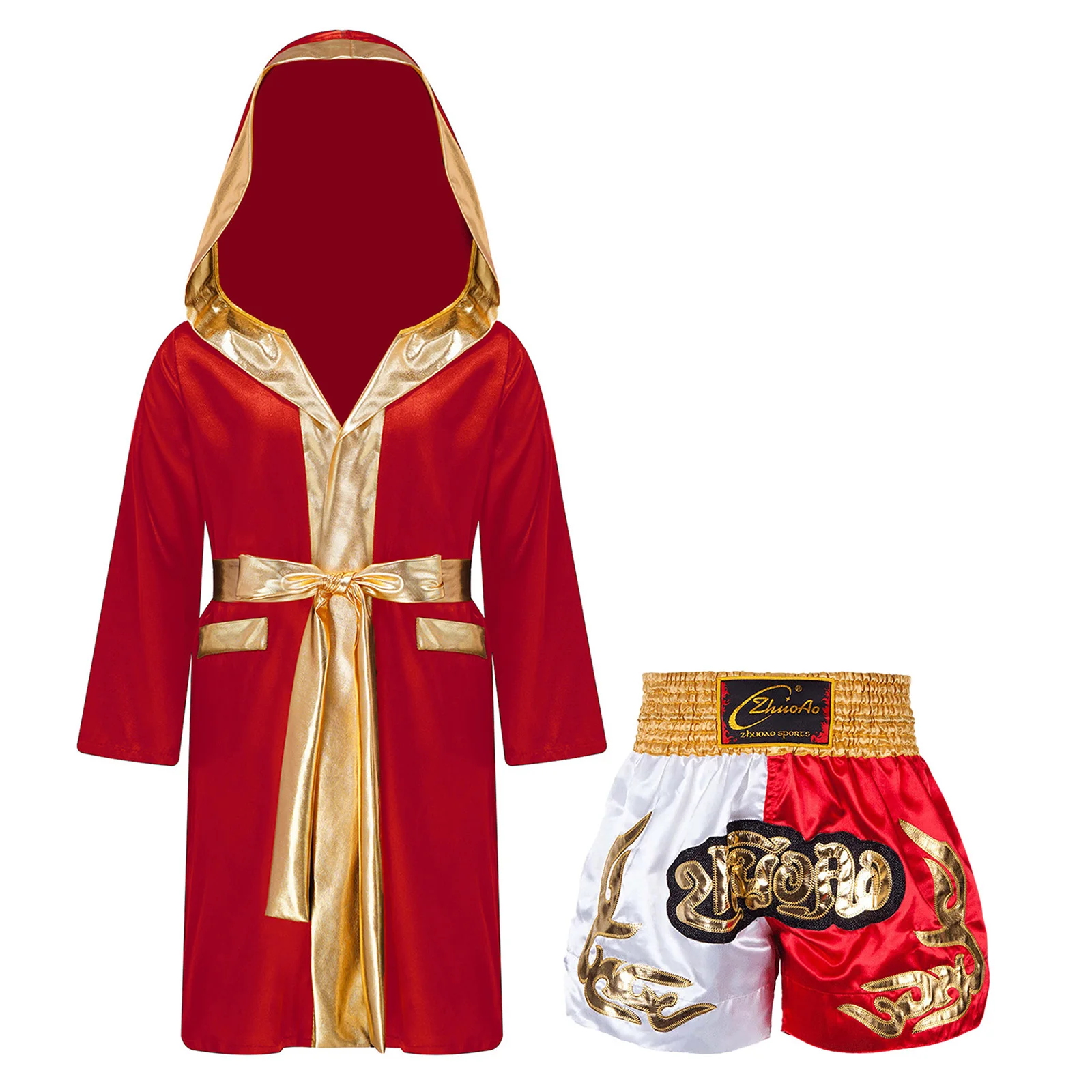 Kids Boys Boxing Halloween Cosplay Costume Robe Metallic Trim Satin Hooded Cloak with Belt Color Block Patchwork Shorts