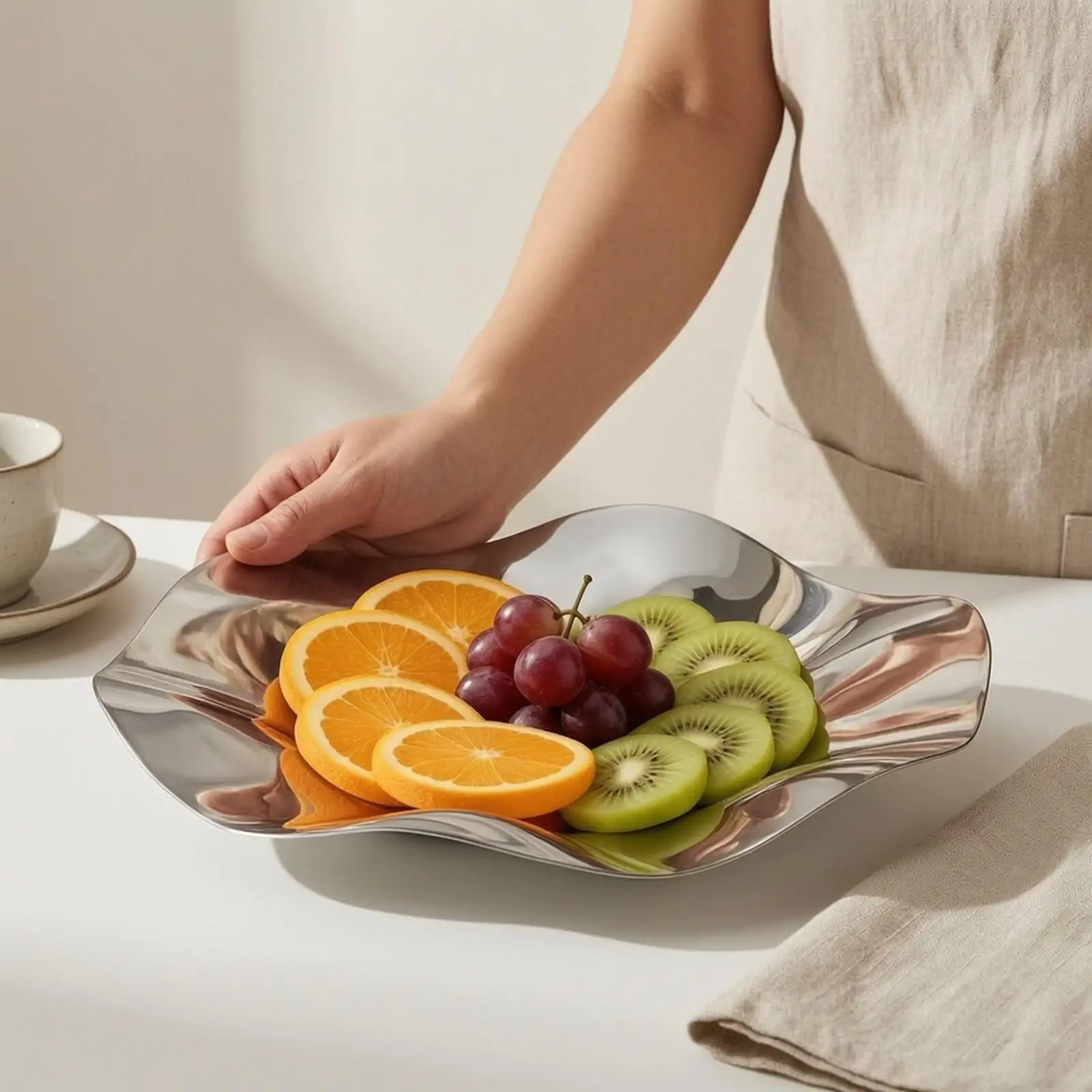 Stainless Steel Serving Dish | molded Organic Shape, Reflective Silver Finish, Serving Dish with undulating rim Rim, for Dining
