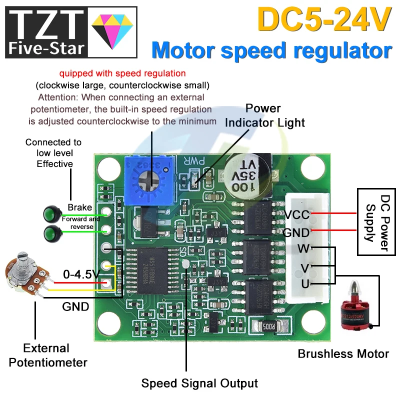 tzt brushless motor driver board controlador de velocidade bldc phase governador hallless switch module com cabo dc 620v 60w 12v 01