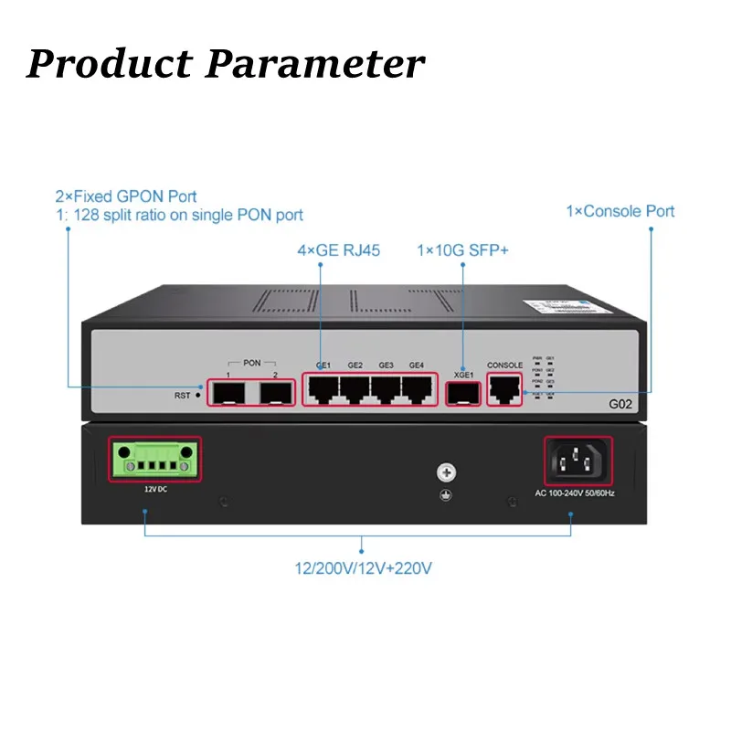 

2026 hot sale HSGQ 2 PORT GPON OLT 100-240V 2 Port SFP 256 ONUS 10G Uplink C+ GBIC 100-240V AC 12V DC Power OLT Optical Fiber Eq