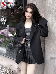 Chaqueta negra de moda coreana para mujer, abrigo informal con cadena oscura cruzada, holgado, elegante, Otoño e Invierno