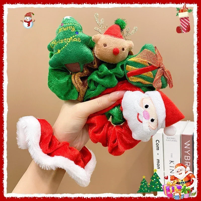 Classic Elk Santa Hair Scrunchies Elastic Plush  Ties Ropes Ponytail Holder Rubber Band Women Girl Christmas Party Headdress