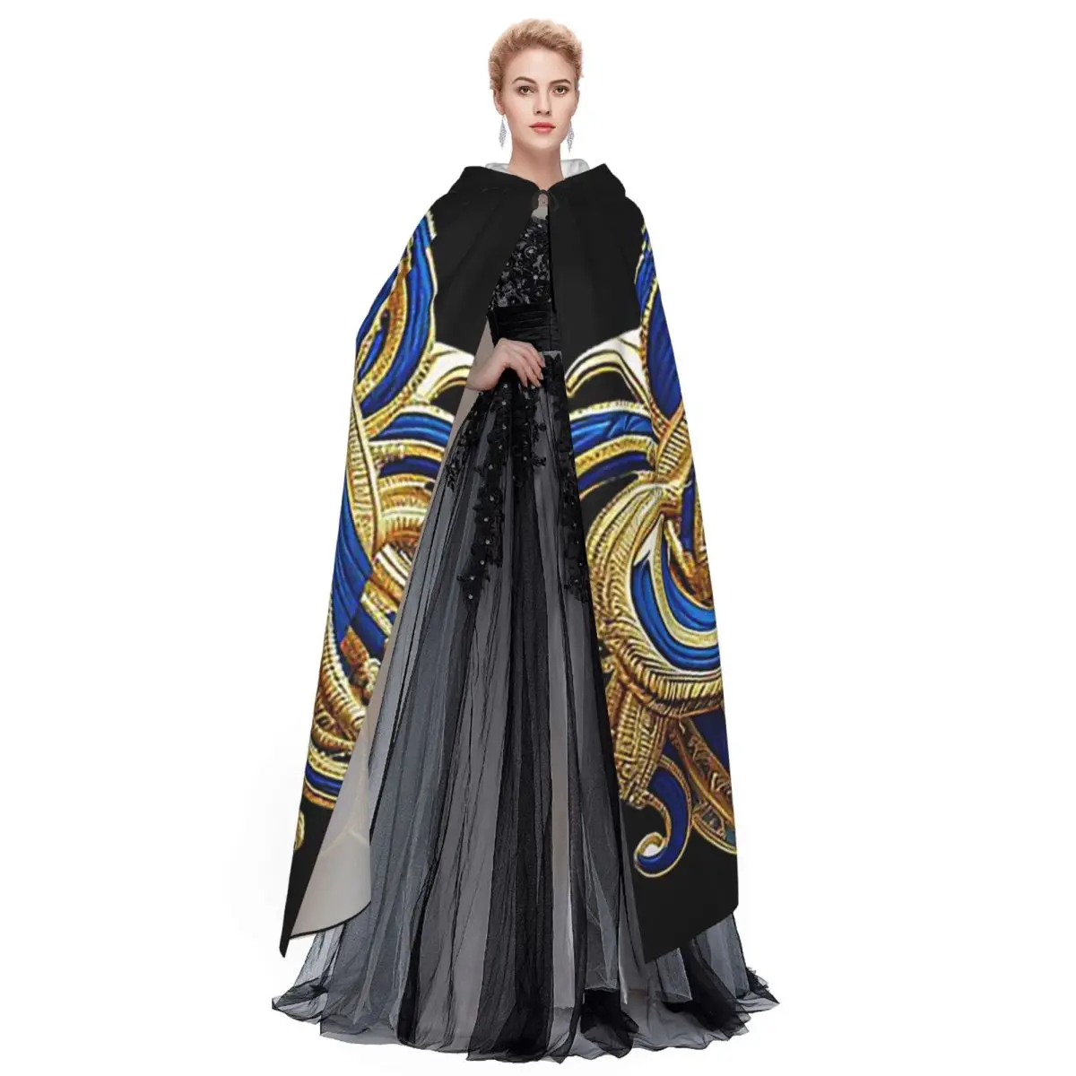 الملكة المصرية الذهبية الزخرفية خمر نظرة طويلة مقنعين عباءة الساحرة زي تأثيري كيب هالوين مصاص دماء الكبار للجنسين