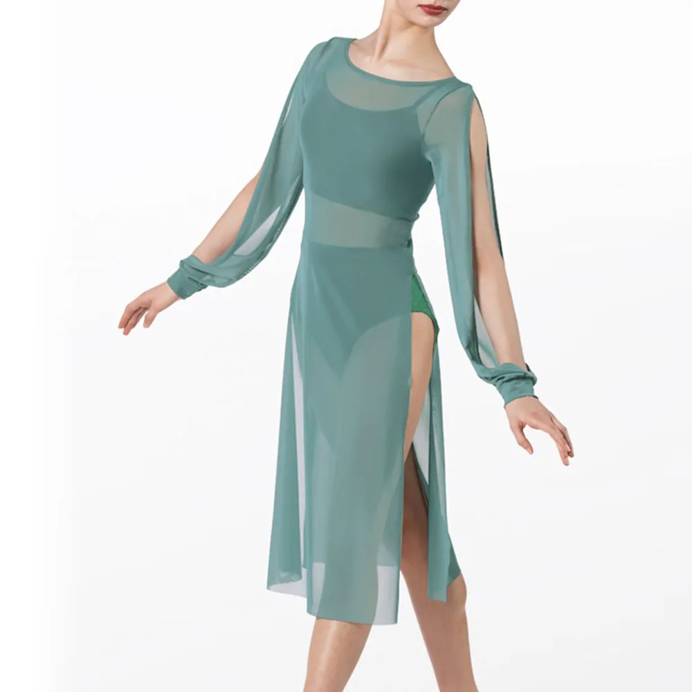 Ata Dee-Robe à manches bouffantes en maille pour femmes, jupe fendue haute, col bateau transparent, danse du ventre de ballet moderne, costume de scène sexy pour filles