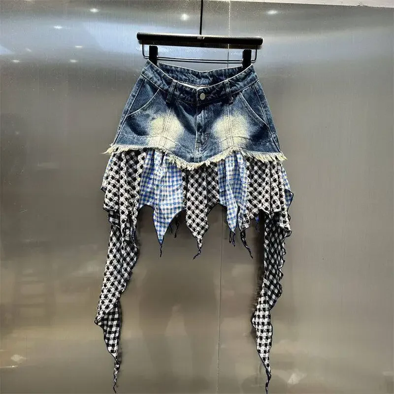 Y2K Pink Denim Mini Skirt Women Plaid Patchwork Irregular Fringe Ruffle High Waist A-Line Skirts Vintage Casual Short Half Dress