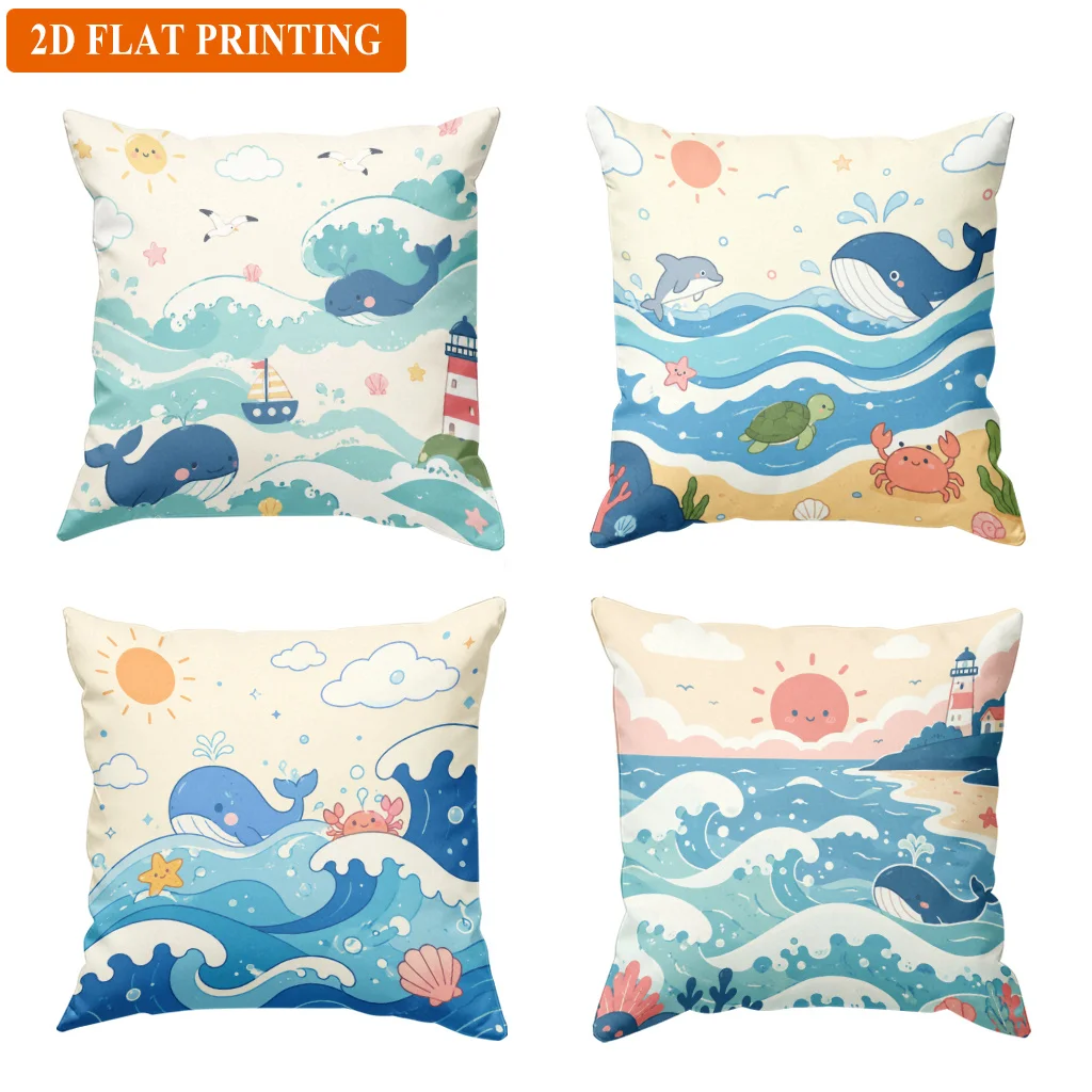 Cute Nautical Ocean Waves Throw Pillow Covers Set 4pc Marine Life Beach Coastal Decor Cushion Case Pillowcase