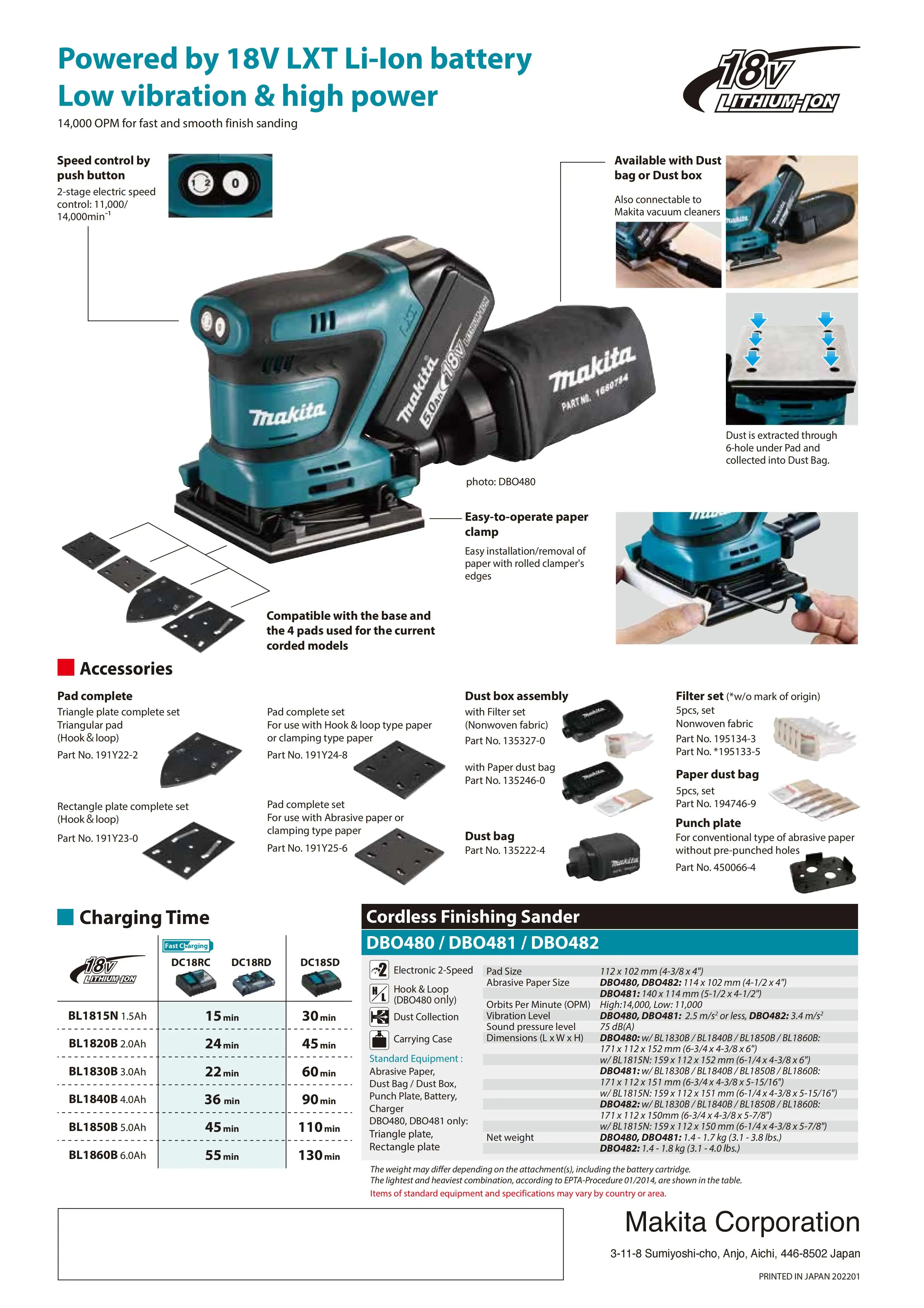 Makita DBO480Z 18V LXT 1/4 Cordless Sheet Palm Sander Lithium Power Tools 14000OPM 28000RPM