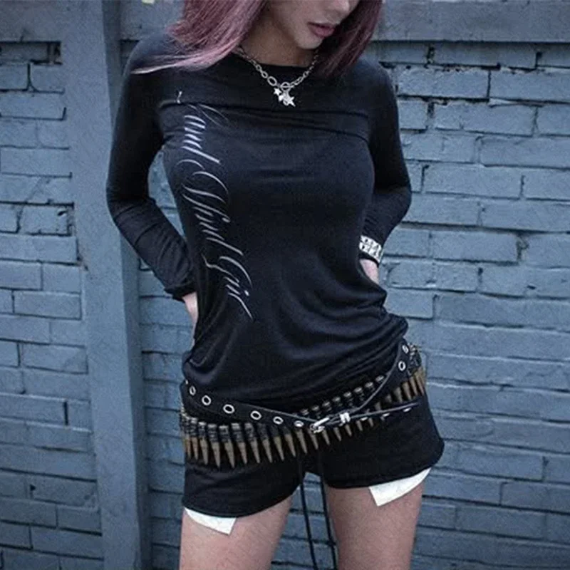 

Gothic Loose Punk Emo Girl Long Sleeve T-shirt Sexy Slim Fashion Letter Printing Ultra-Thin Spring and Summer Top