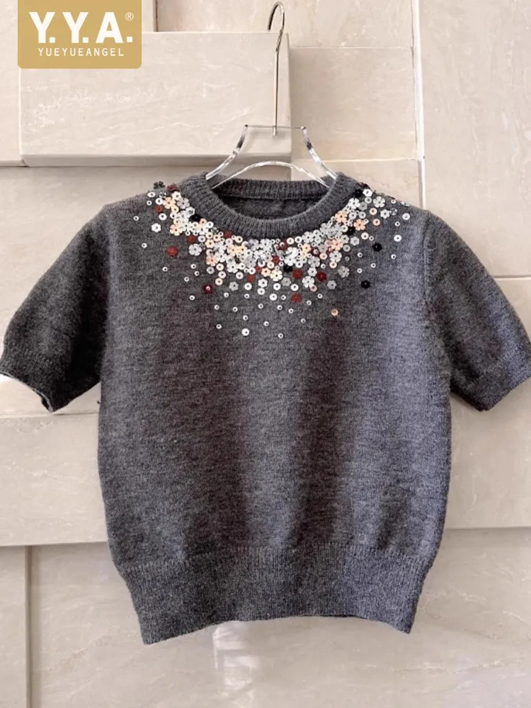 New Designer Women Autumn Shiny Sequined O Neck Short Sleeve Pullover Knitted Jumpers Elegant Office Lady Sweater Tops Knitwear