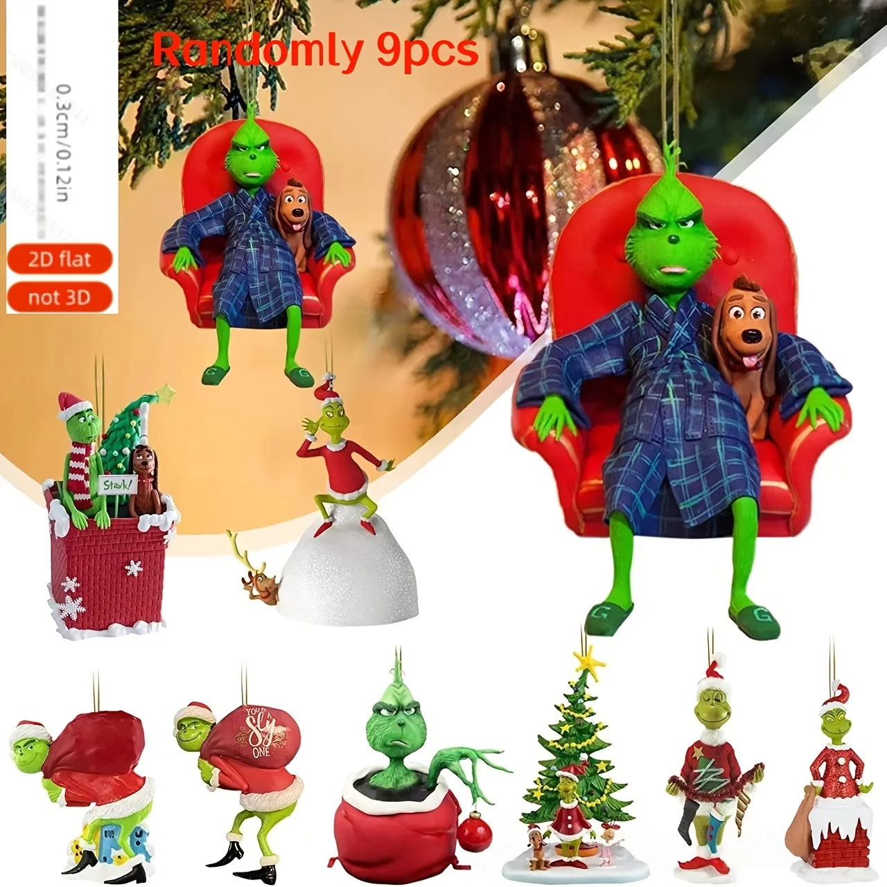 2DFlat 9pcs Grinch Christmas Ornament,Christmas Tree Decoration,with Hanging Ornament,Christmas Gift,Halloween Gift,Random Style