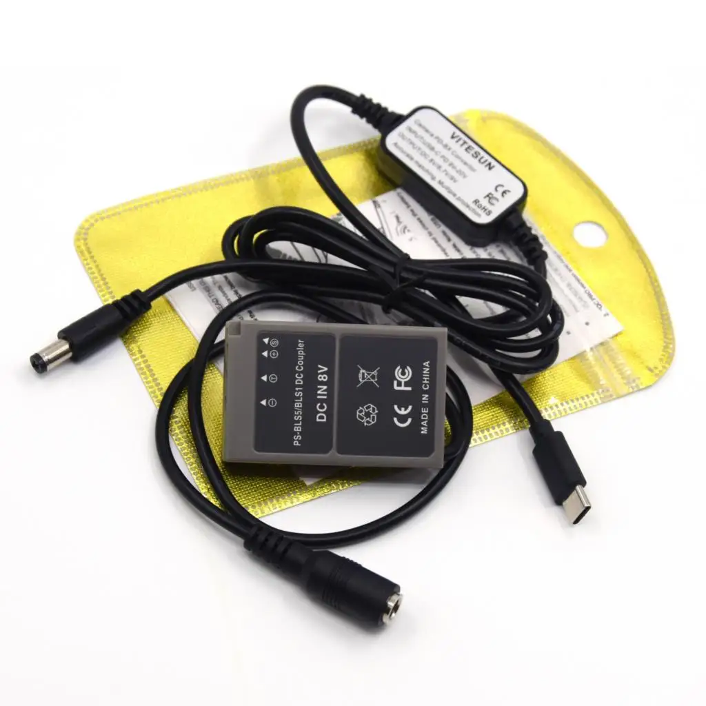 PS-BLS-5 DC Coupler BLS5 Dummy Battery USB Type-C PD Converter To DC Cable For Olympus PEN E-PL7 E-PL5 E-PM2 OM-D E-M10 E-M10